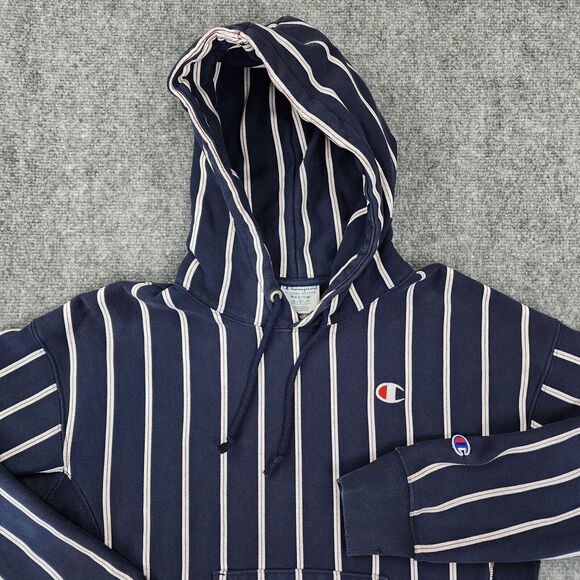 Champion Hoodie Womens Medium Blue Stripe Reverse Weave Heavyweight Sweatshirt - Picture 7 of 16
